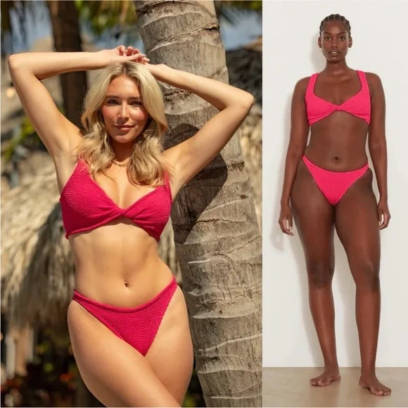 Hunza G Juno Two Piece Crinkle Bikini Swim Set Raspberry Pink NWT OS - Picture 4 of 16